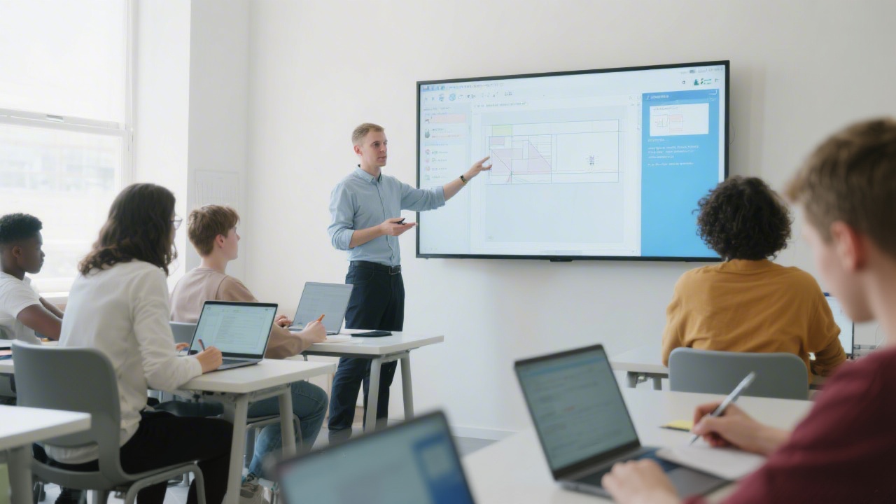 Wide view of a contemporary classroom with rows of students working on laptops, instructor walking through responsive layout examples on a large screen.