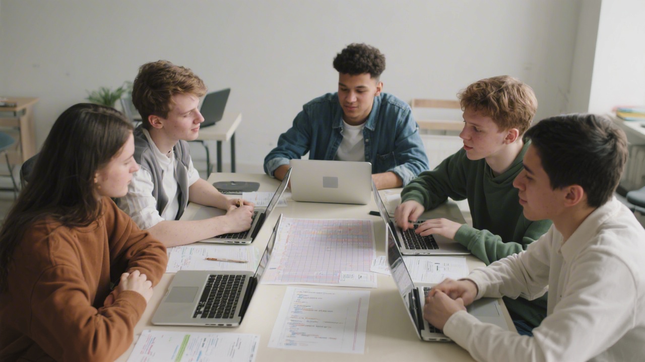 Group of learners collaborating around a table with laptops, reviewing code snippets and layout grids, showing a supportive and focused learning community.