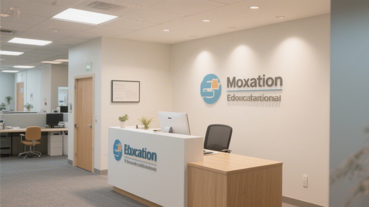 Front desk area of an education office with clean signage, a reception table, and soft lighting, representing a professional and welcoming environment.