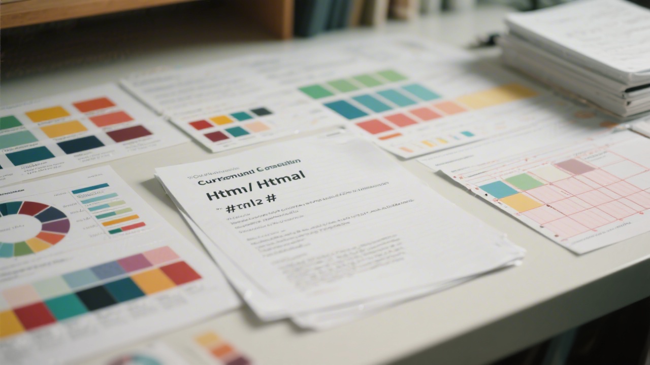 Close-up of curriculum notes with HTML tags, color swatches, and layout grids spread across a desk, indicating a structured learning program for design and front-end skills.