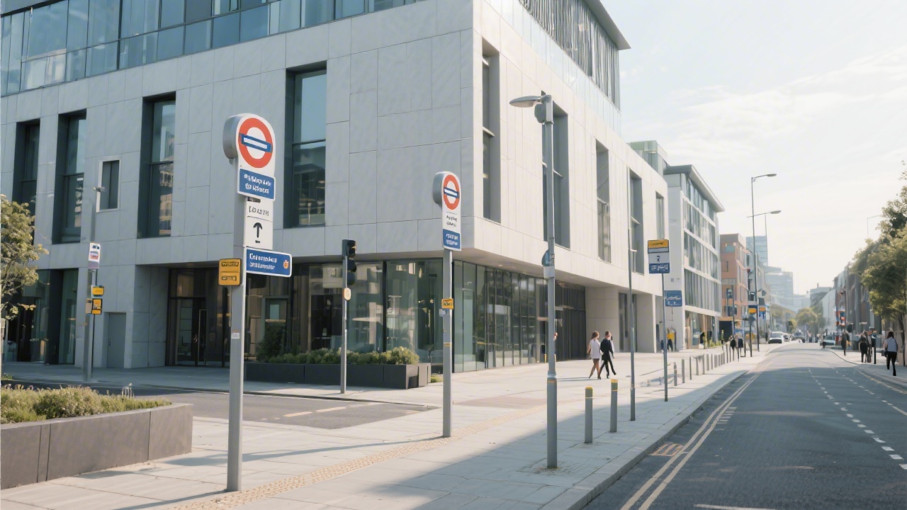 Urban streetscape near a modern Dublin building with pedestrian pathways, public transport signage, and clean architectural lines in soft daylight.