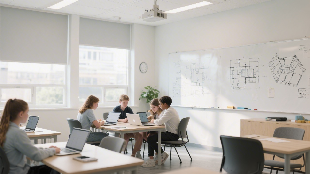 Bright modern classroom in Dublin with students collaborating on laptops, whiteboards with layout sketches, and soft daylight creating a focused, welcoming education environment.