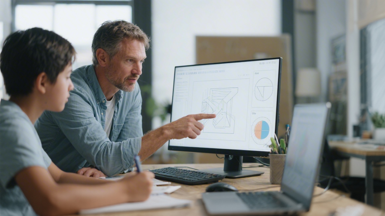 Mentor discussing project feedback with a student, pointing at a design layout on screen and taking notes for improvement, emphasizing supportive instruction.