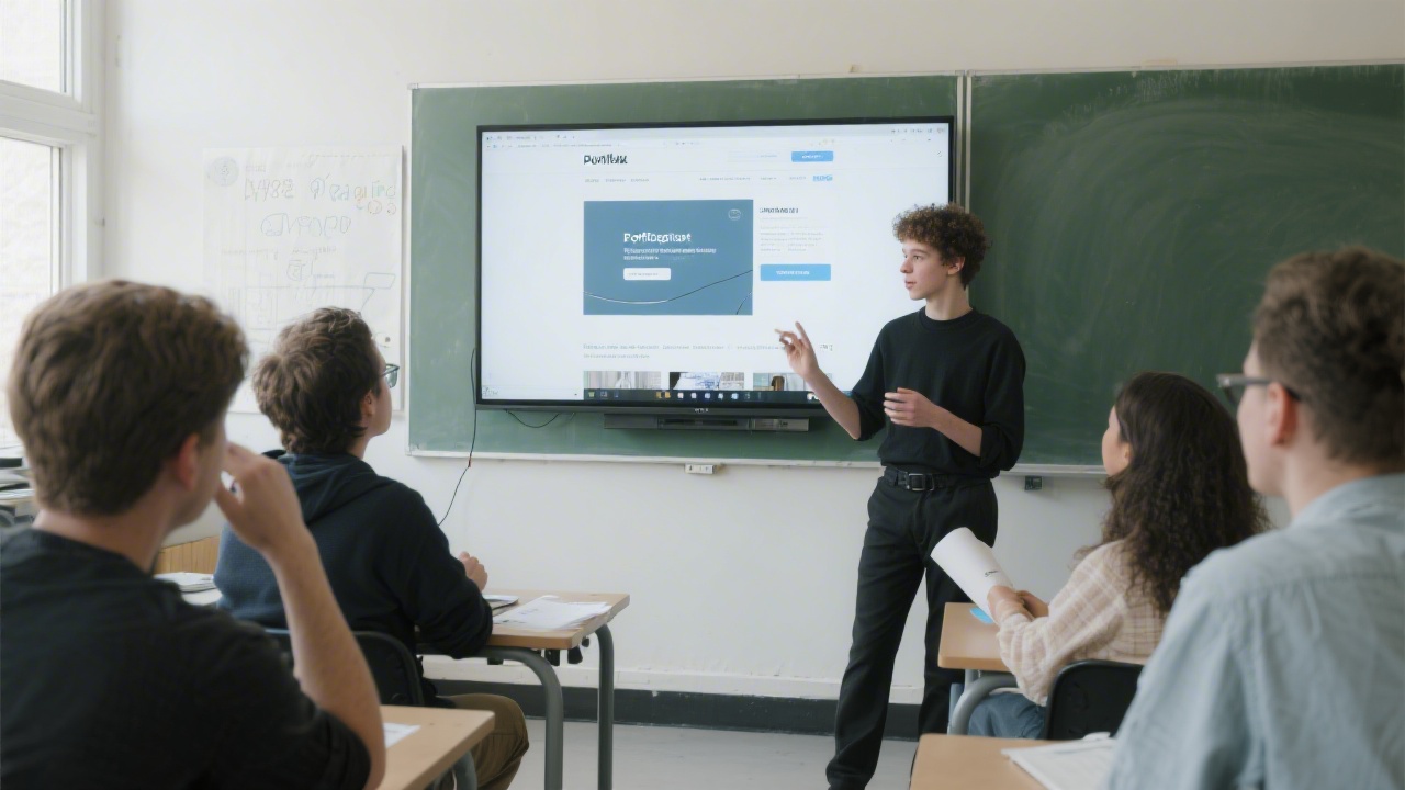 Student presenting a portfolio website on a large screen while peers review layout and responsiveness, highlighting collaboration and professional critique in a classroom.
