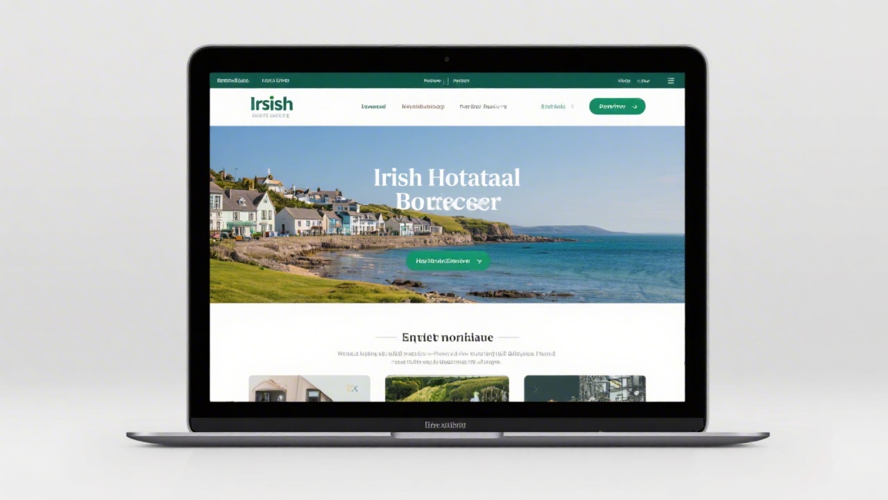Laptop showing a homepage mockup for an Irish hospitality business, with imagery of coastal towns, clear booking callouts, and consistent brand typography.