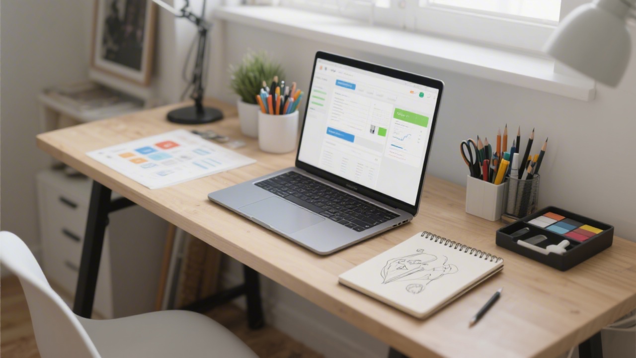 Desk with laptop, sketchbook, and neatly arranged design tools, showing a clean professional setup for web design planning and development.